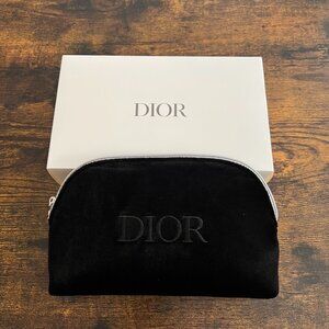 DIOR Black Embroidered Logo Velvet Pouch Makeup Cosmetic Bag